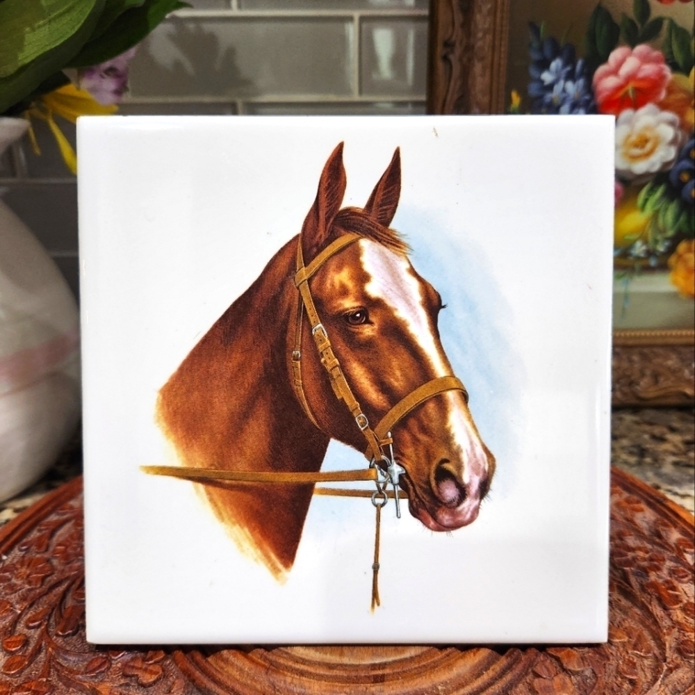 ⭐️ADD ON ITEM⭐️ Vintage 1970 Porcelain Tile Trivet with Horse Art - 6x6